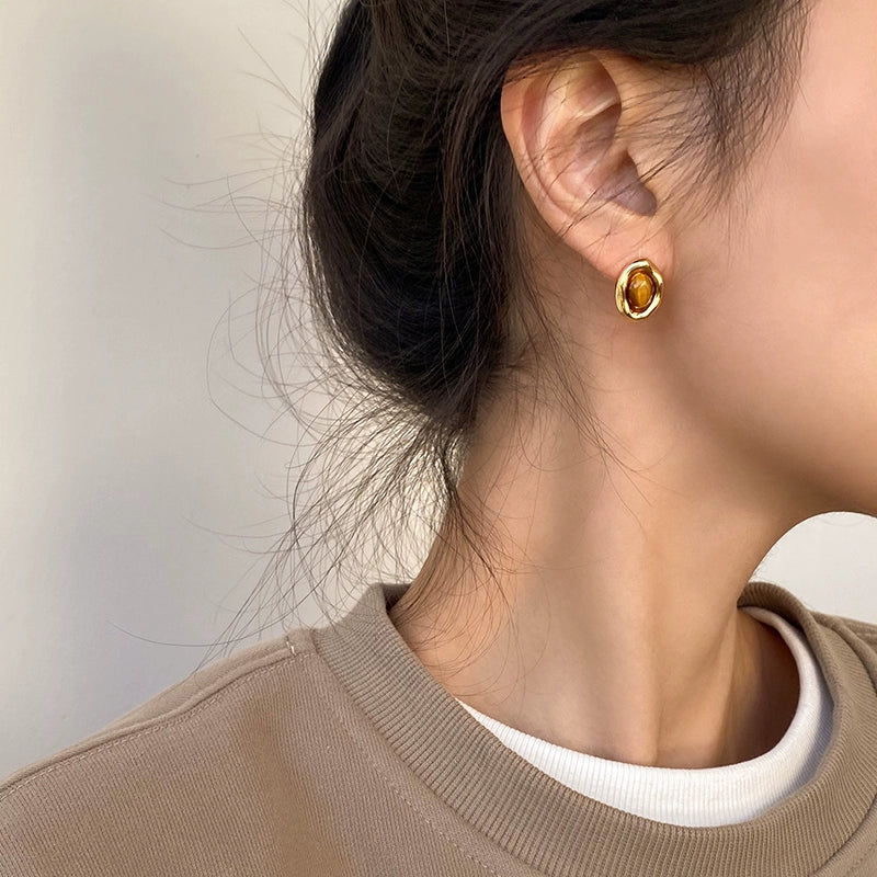 Tiger Eye Stone Stud Earrings Geometric Gold Stainless Steel