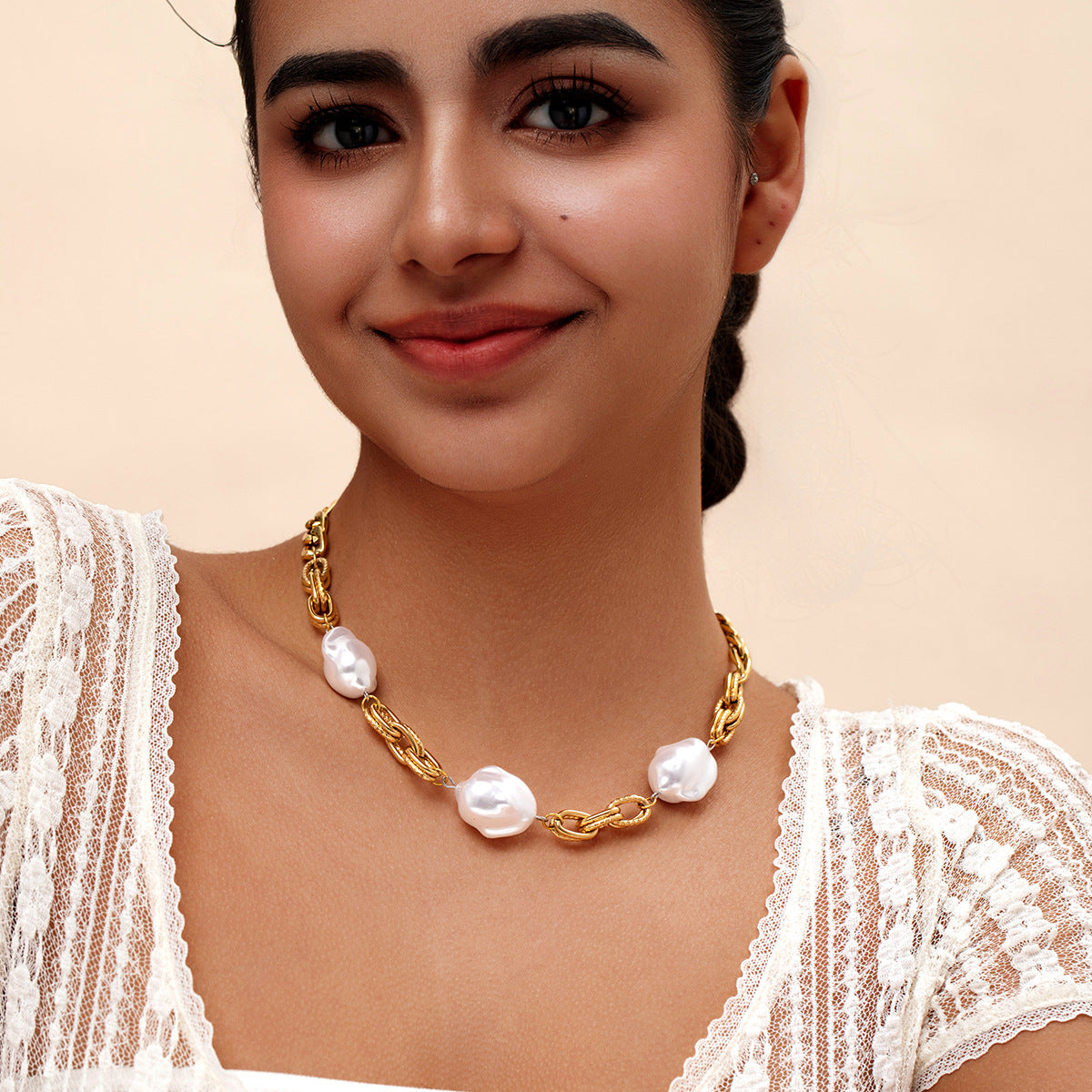 Baroque Pearl Necklace Gold Stainless Steel Statement Chain