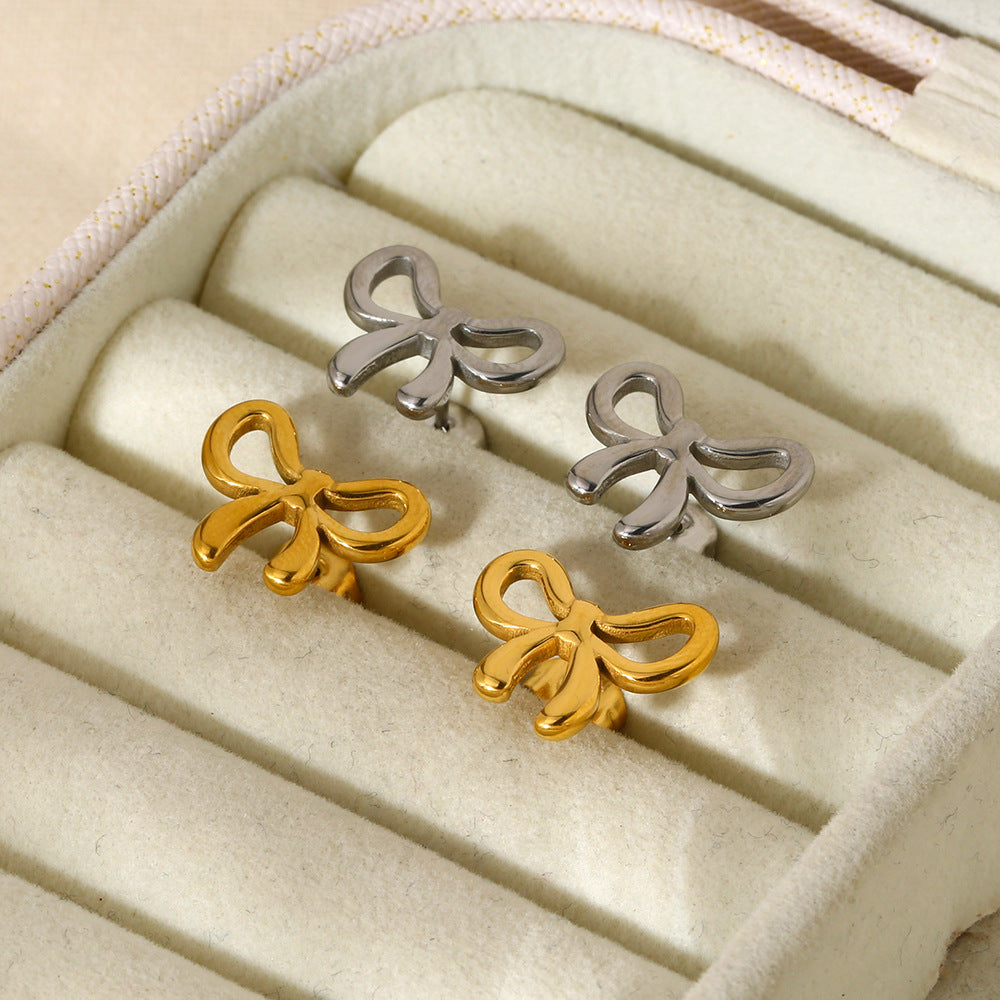 Minimal Bow Stud Earrings Stainless Steel Gold