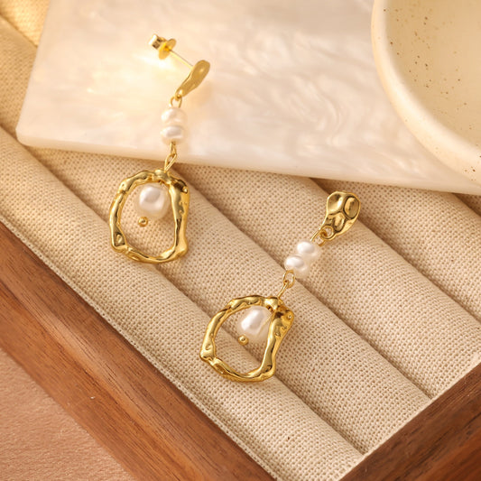 Pearl Chain Drop Earrings Gold Plated Stainless Steel