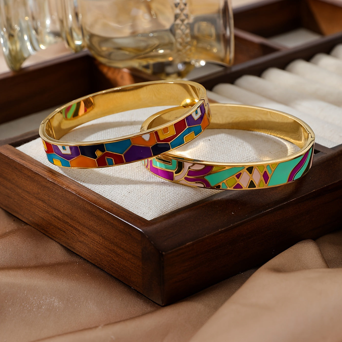 Vintage Enamel Bangle Gold Stainless Steel 18K Painted Bracelet