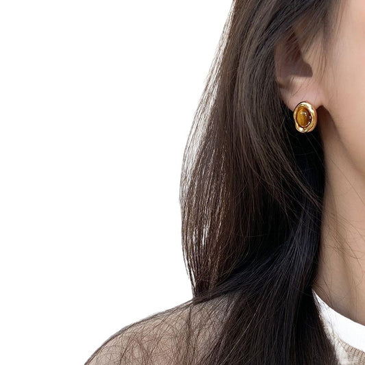 Tiger Eye Stone Stud Earrings Geometric Gold Stainless Steel