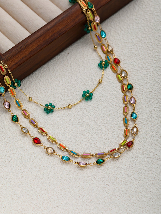 Multilayer Colorful Beaded Gold Stainless Steel Necklace