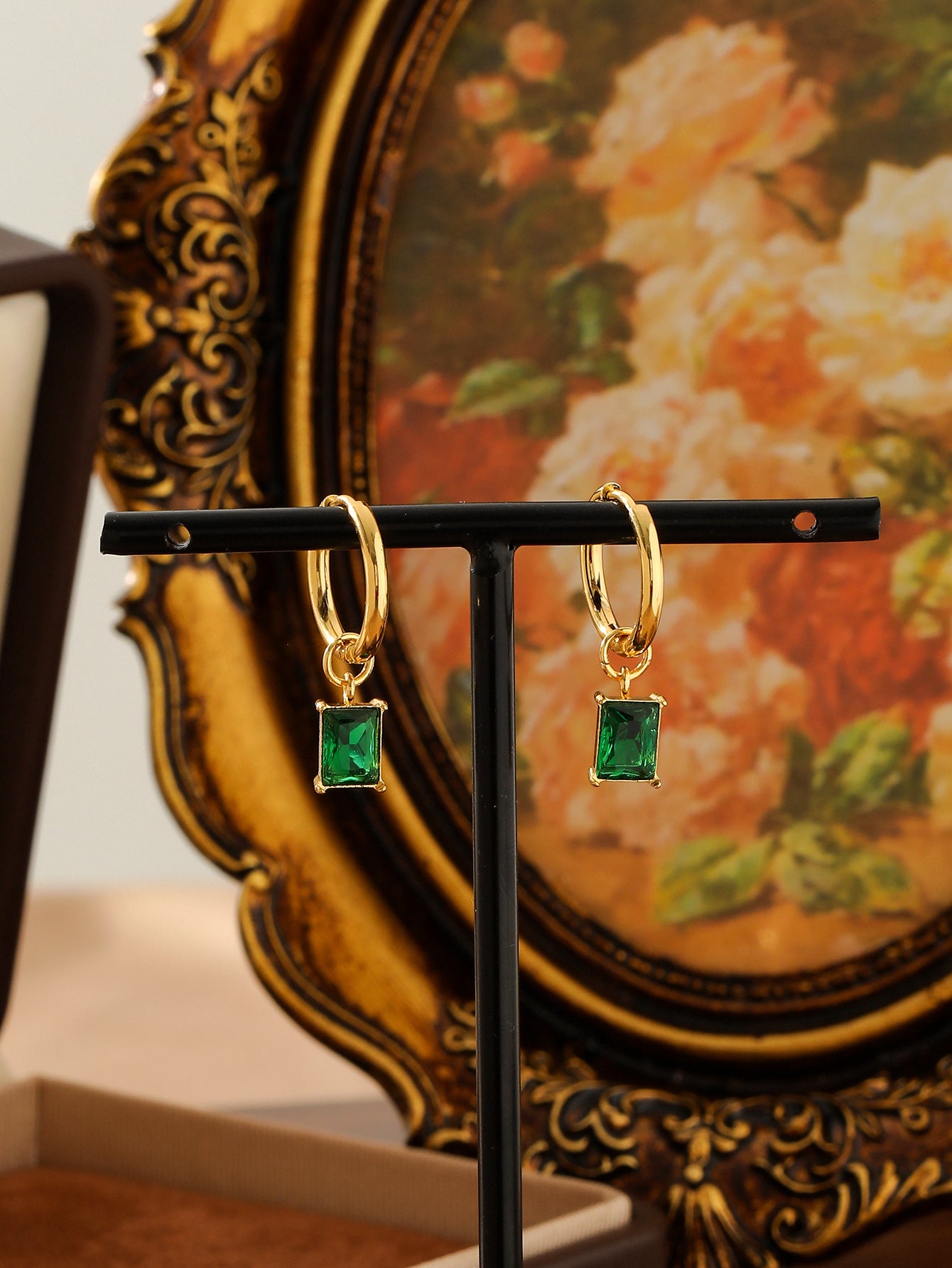 Rectangle Gem Huggie Earrings Stainless Steel Gold