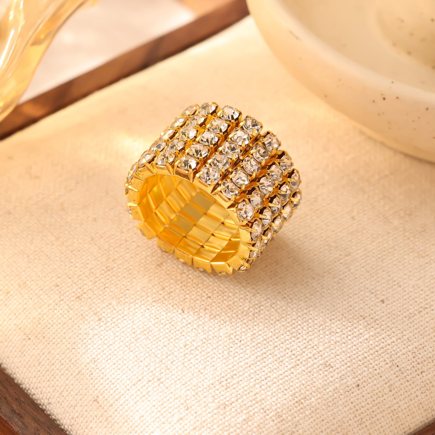 Multi Row Crystal Band Ring 18K Gold Plated Stainless Steel