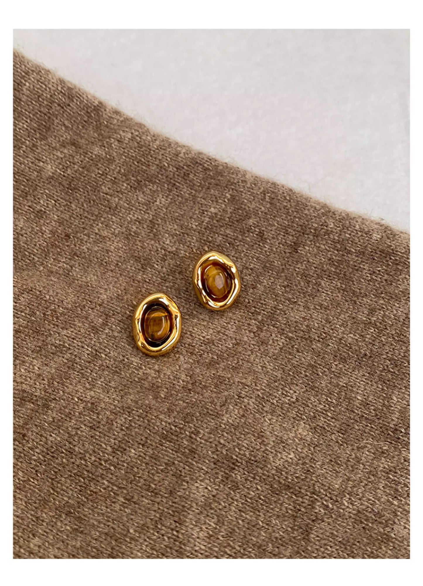 Tiger Eye Stone Stud Earrings Geometric Gold Stainless Steel