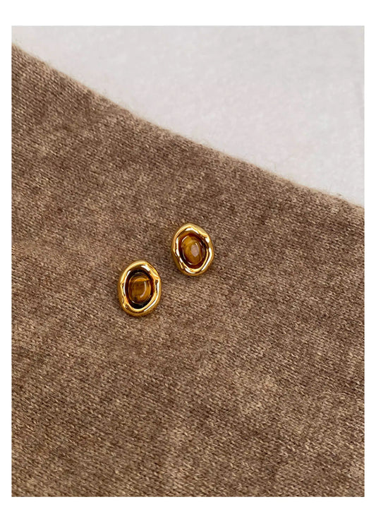 Tiger Eye Stone Stud Earrings Geometric Gold Stainless Steel