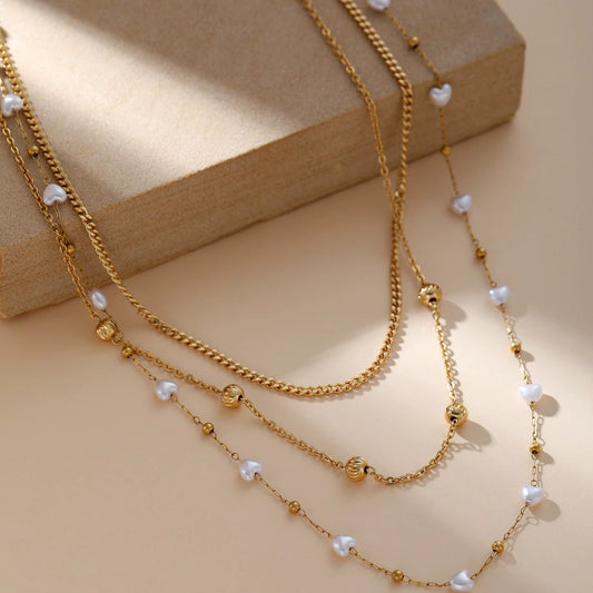 French Layered Pearl Necklace Gold Stainless Steel 18K Plated Multi Layer Chain