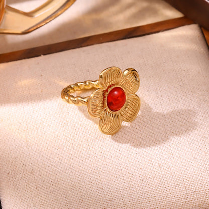 Floral Open Ring Gold Plated Stainless Steel