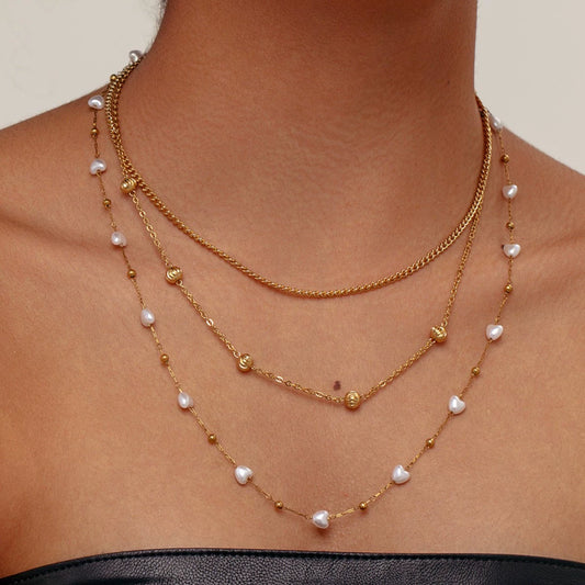 French Layered Pearl Necklace Gold Stainless Steel 18K Plated Multi Layer Chain