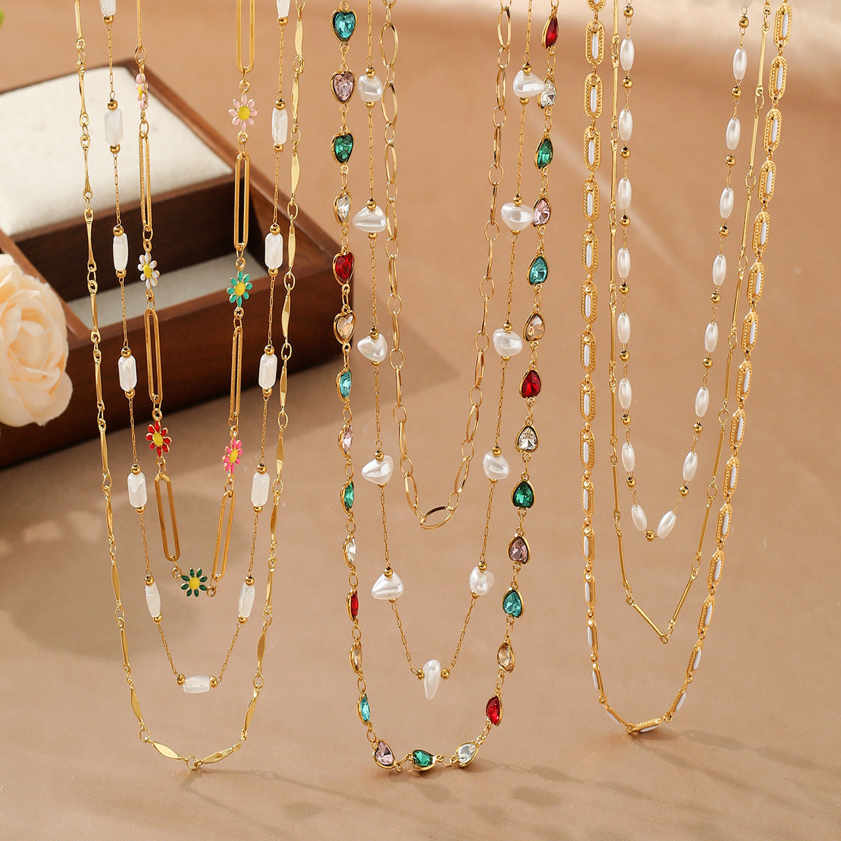 Y Chain Tassel Necklace Gold Stainless Steel 18K Layered Beaded Necklace