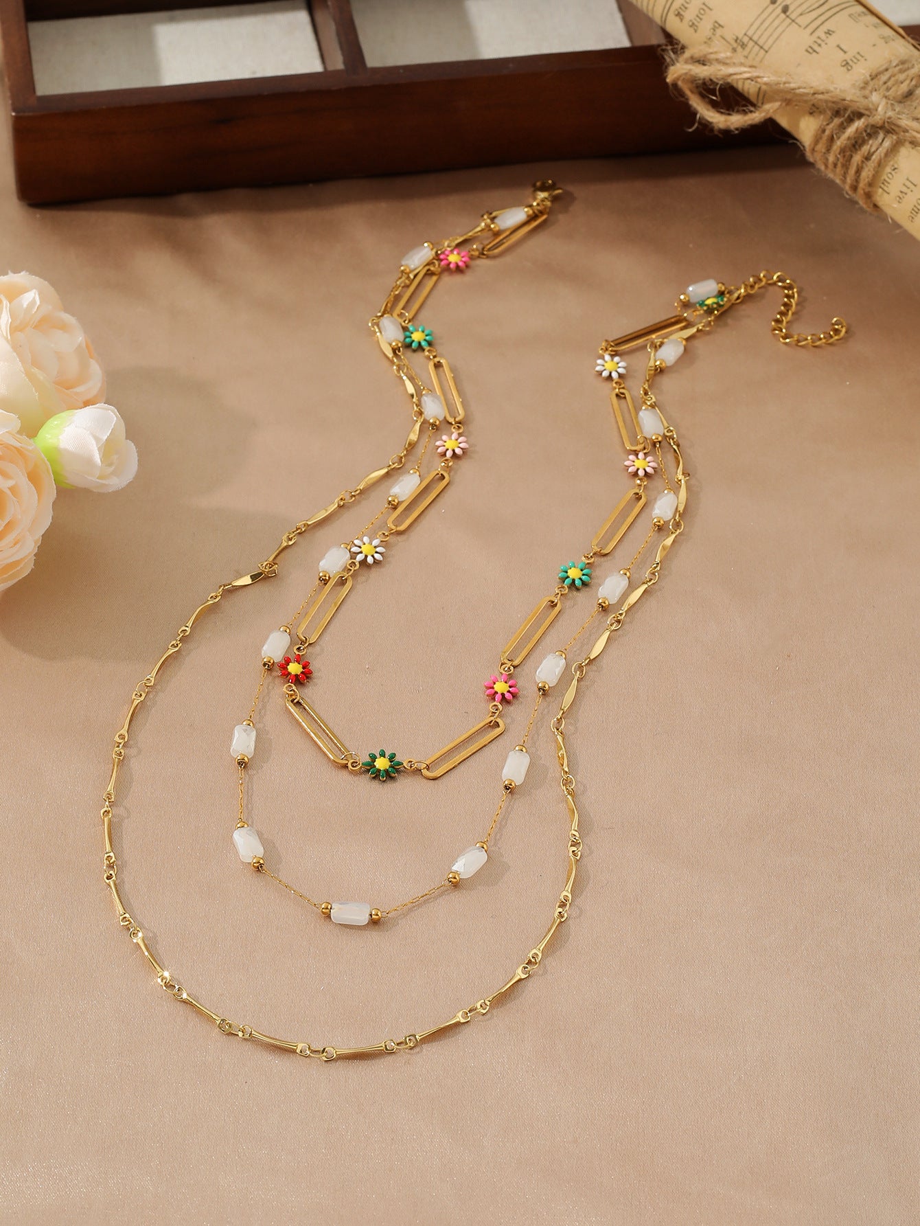 Y Chain Tassel Necklace Gold Stainless Steel 18K Layered Beaded Necklace