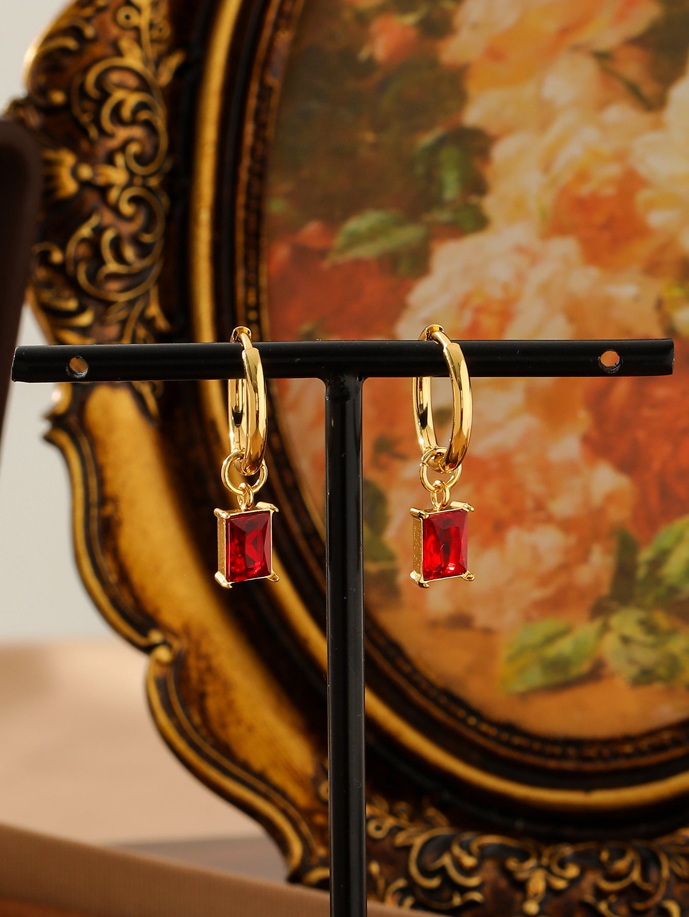 Rectangle Gem Huggie Earrings Stainless Steel Gold