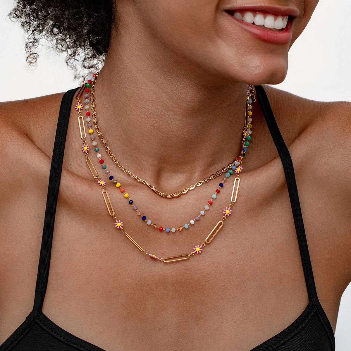 Multilayer Colorful Beaded Gold Stainless Steel Necklace