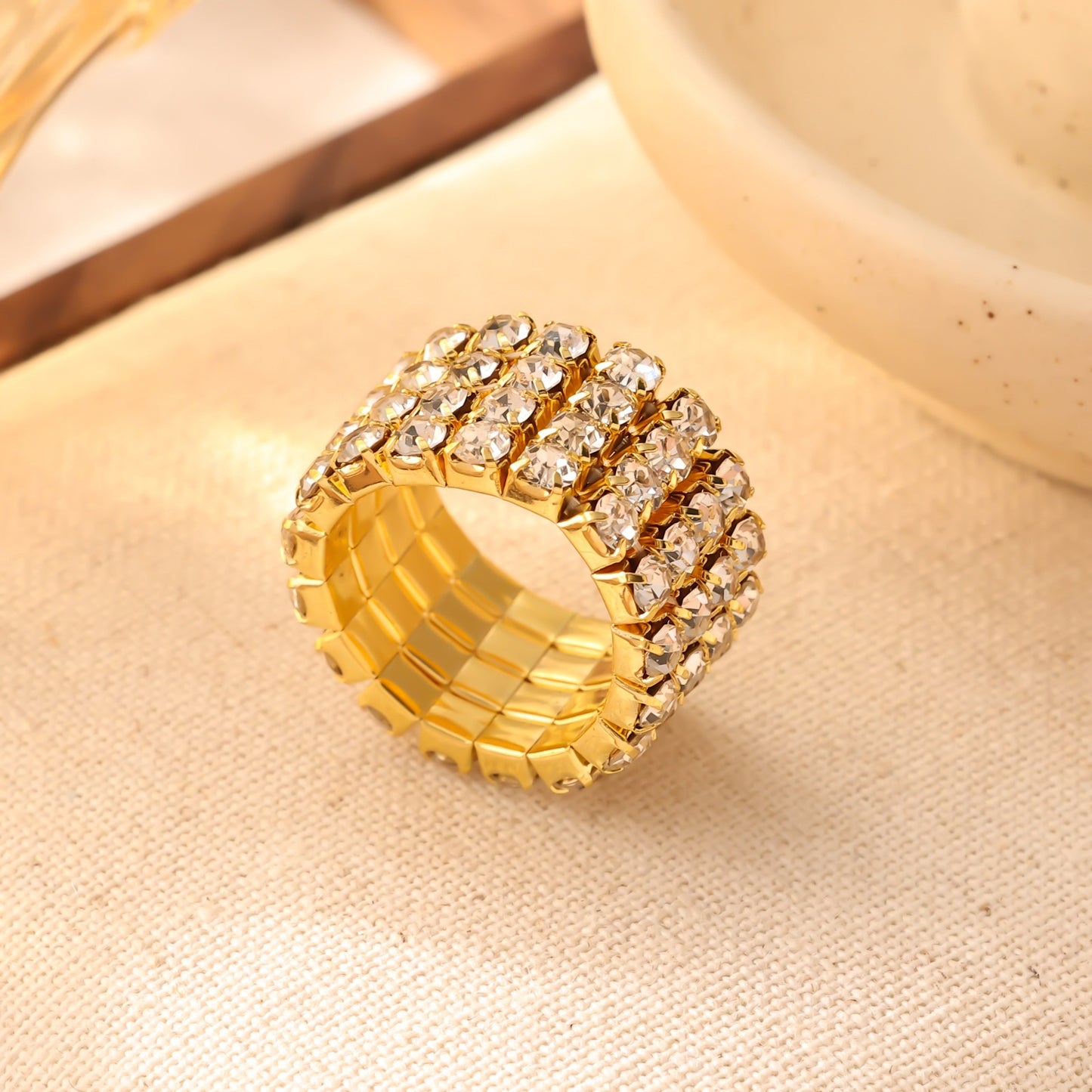 Multi Row Crystal Band Ring 18K Gold Plated Stainless Steel