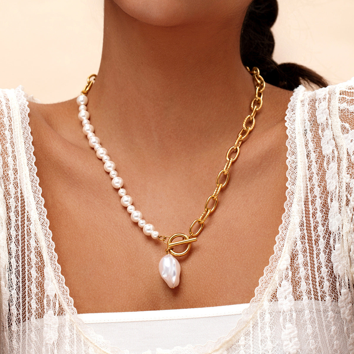Stainless steel, gold plated, baroque style pearls