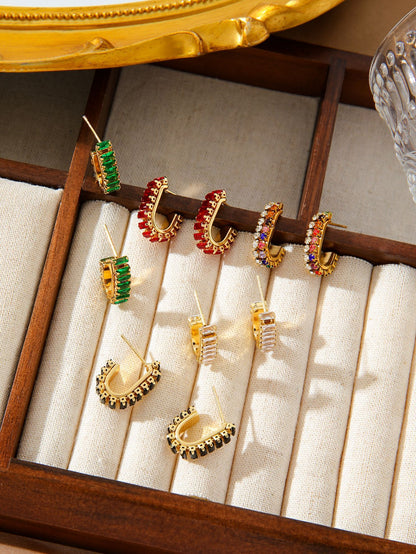 C Shape Crystal Earrings Stainless Steel Gold
