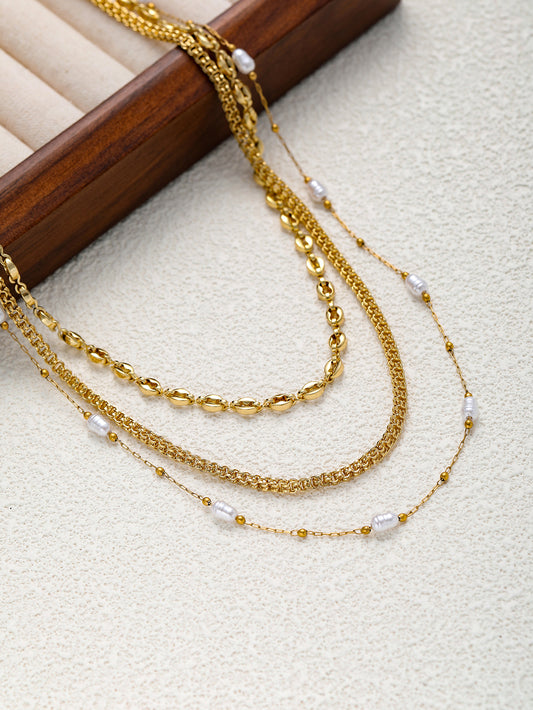 Layered Pearl Chain Necklace 18K Gold Plated Stainless Steel