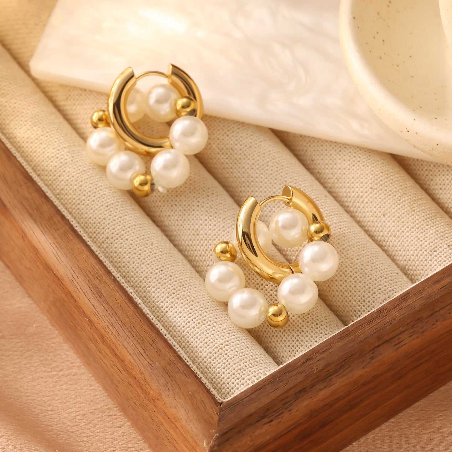 Pearl Chain Drop Earrings Gold Plated Stainless Steel
