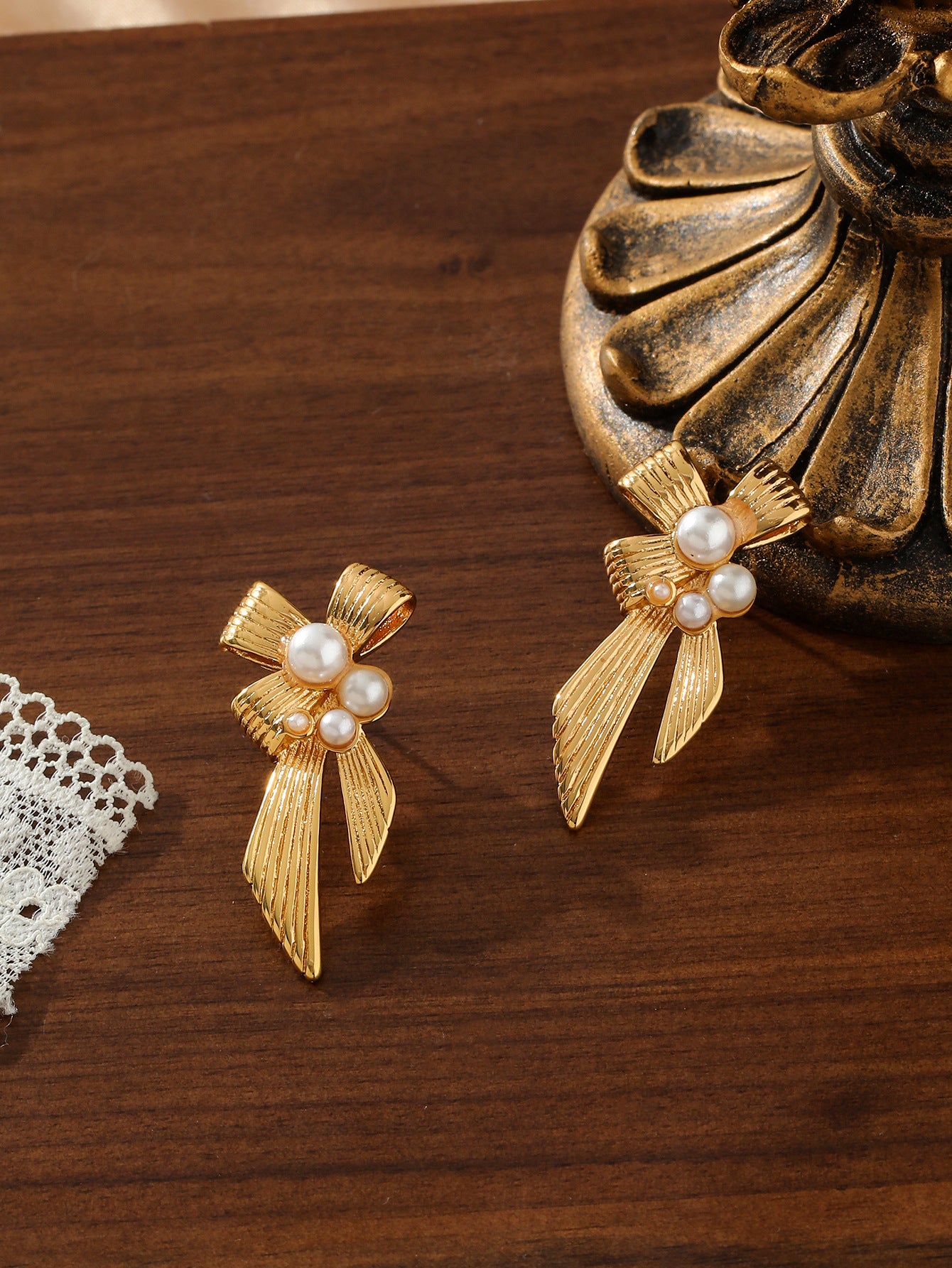 French Vintage Bow Pearl Heart Earrings Gold Stainless Steel