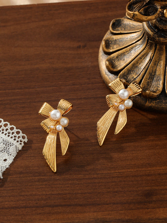 French Vintage Bow Pearl Heart Earrings Gold Stainless Steel