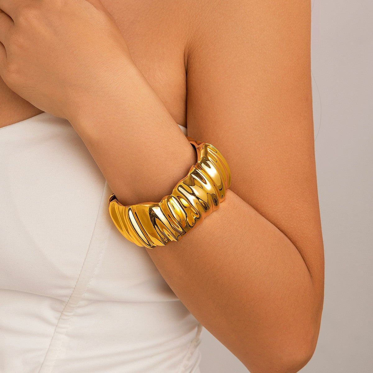 Chunky Ribbed Cuff Bracelet Gold Plated Stainless Steel
