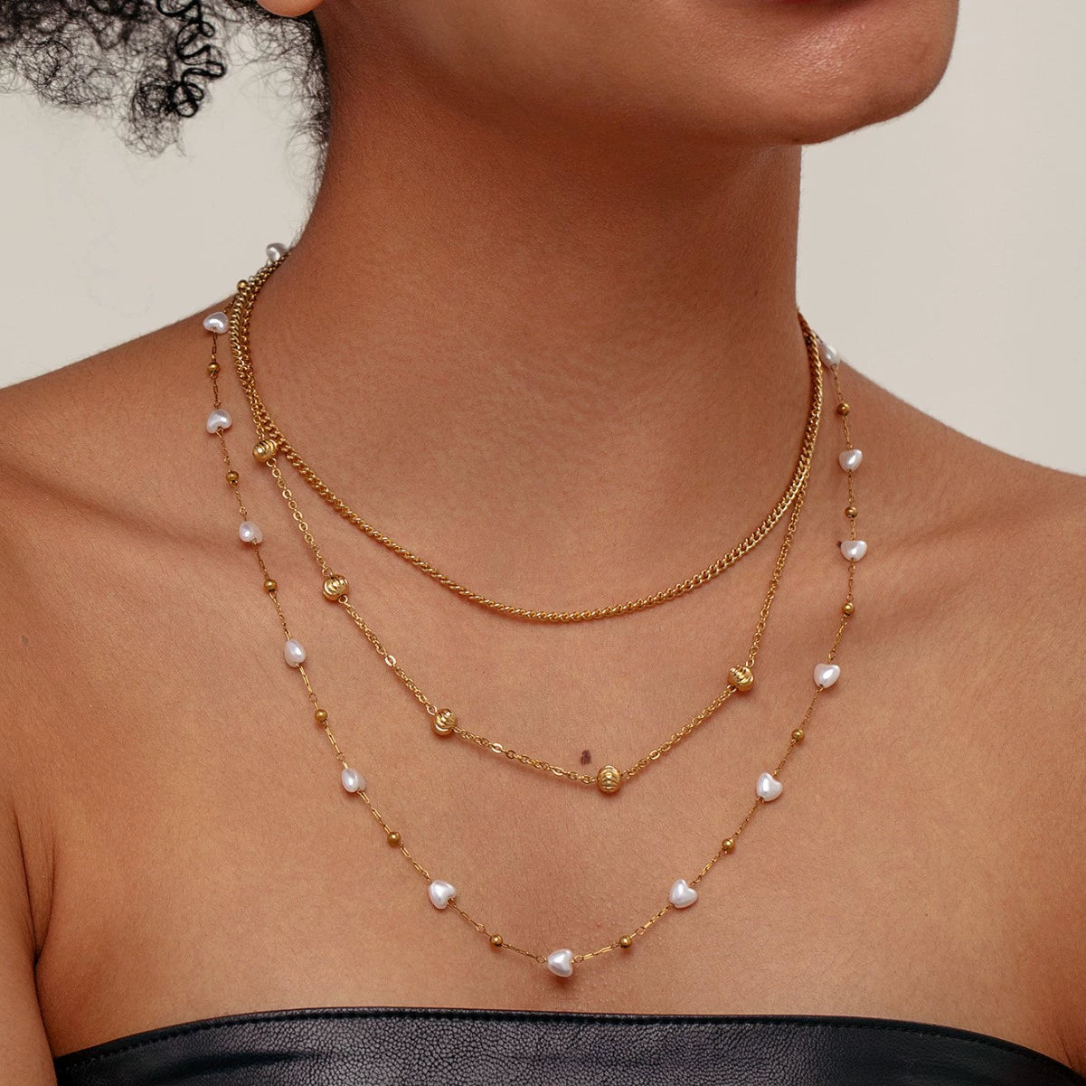 French Layered Pearl Necklace Gold Stainless Steel 18K Plated Multi Layer Chain