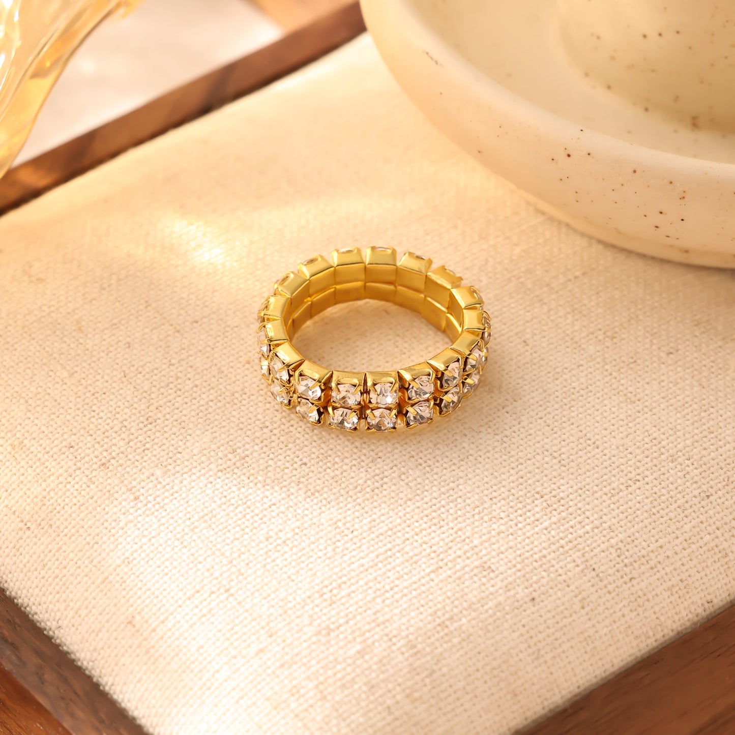 Multi Row Crystal Band Ring 18K Gold Plated Stainless Steel