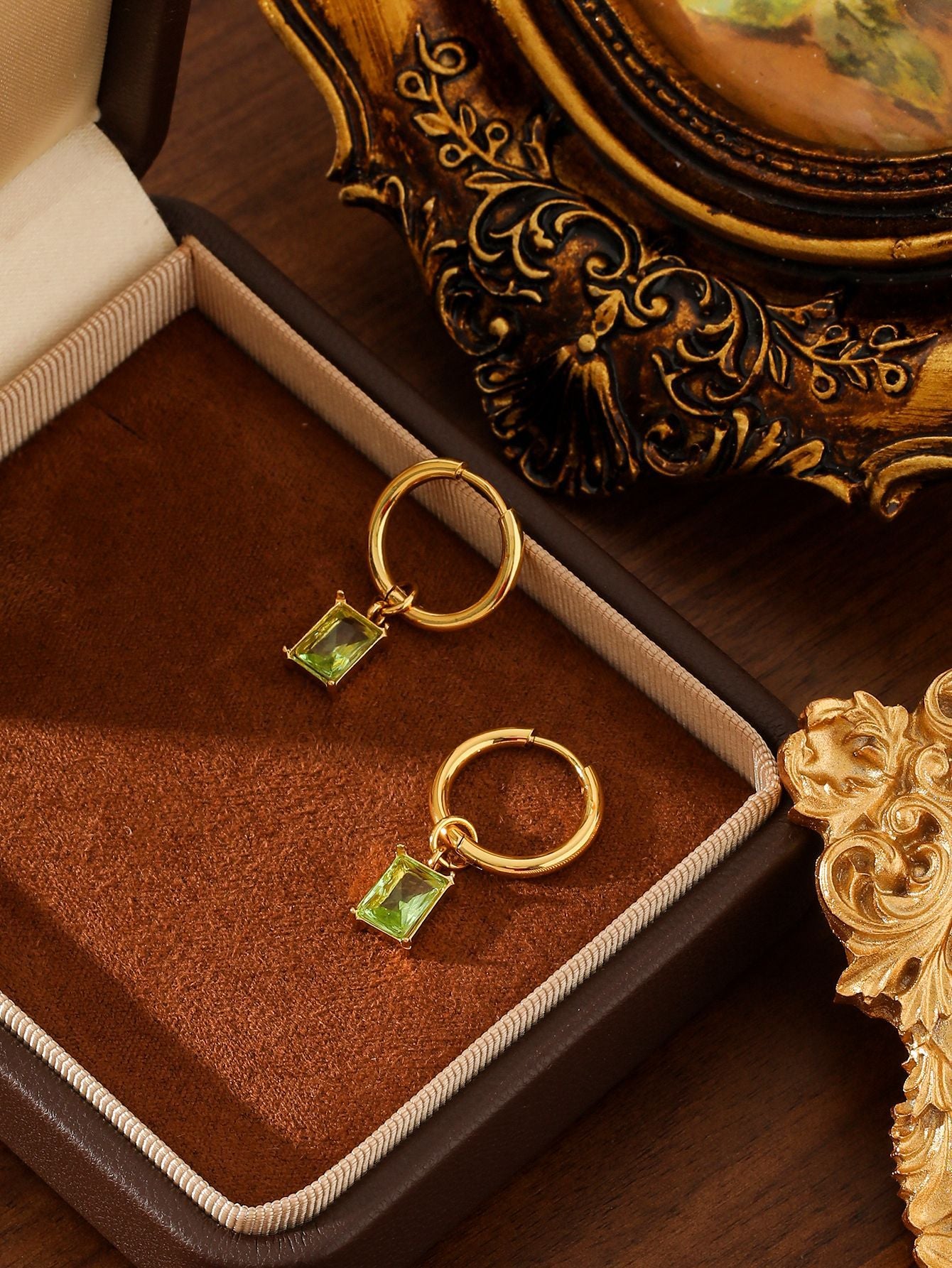 Rectangle Gem Huggie Earrings Stainless Steel Gold
