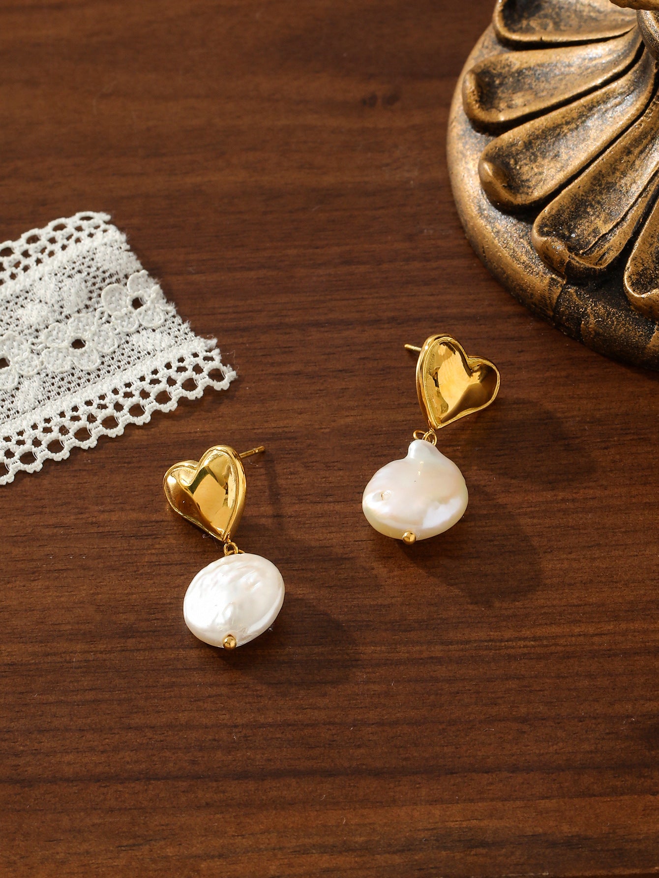 French Vintage Bow Pearl Heart Earrings Gold Stainless Steel