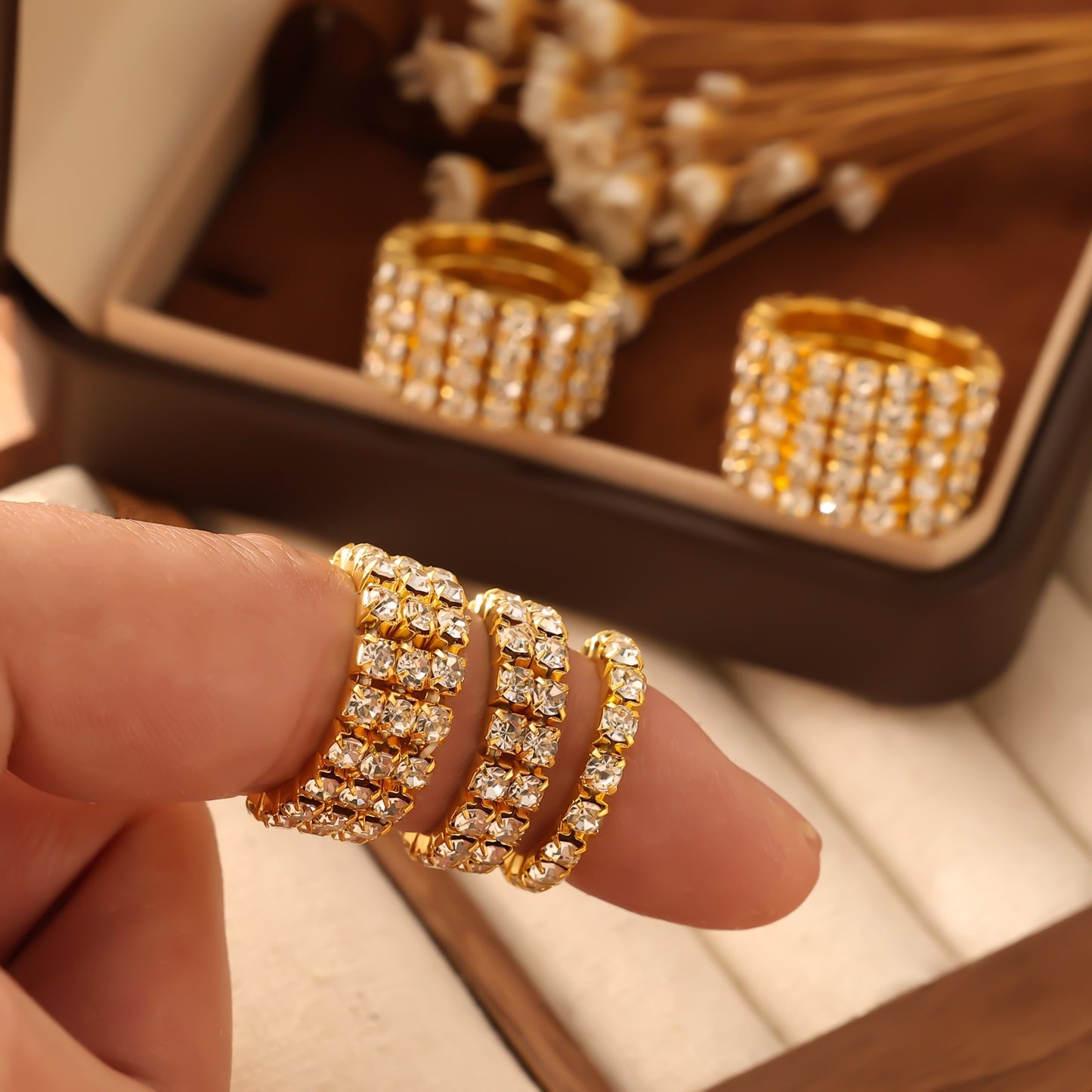 Multi Row Crystal Band Ring 18K Gold Plated Stainless Steel