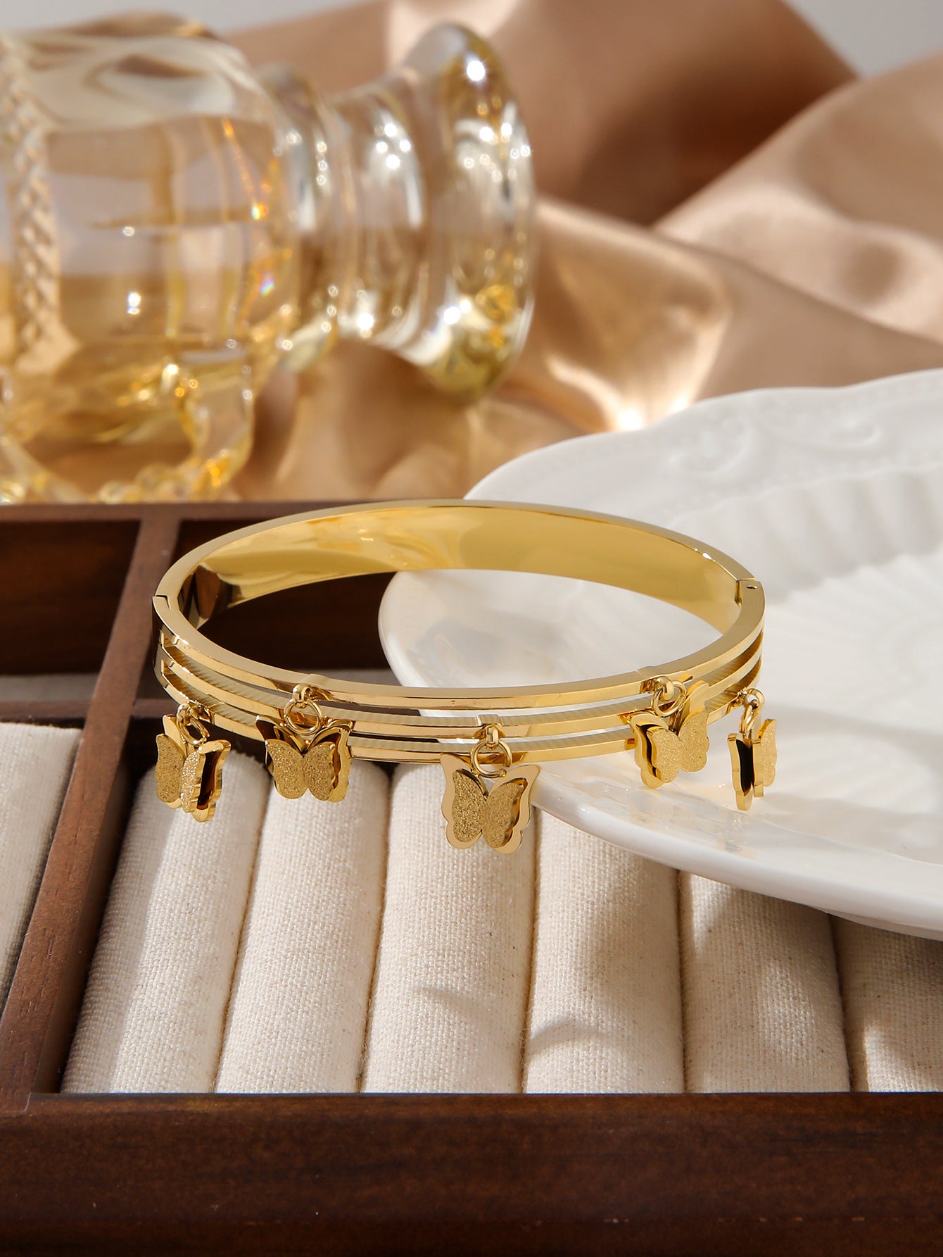 Roman Numeral Butterfly Layered Bangle Gold Stainless Steel