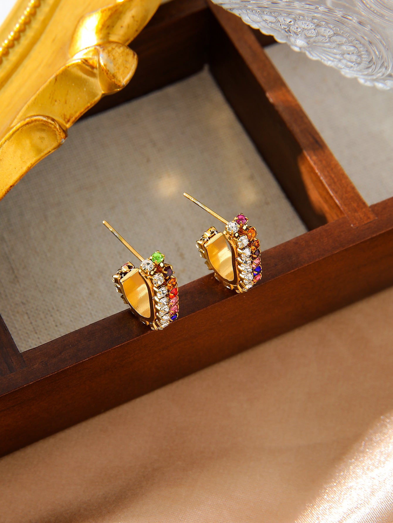 C Shape Crystal Earrings Stainless Steel Gold