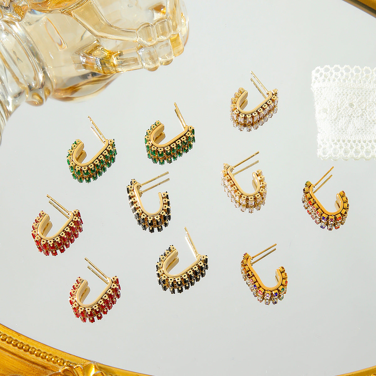 C Shape Crystal Earrings Stainless Steel Gold
