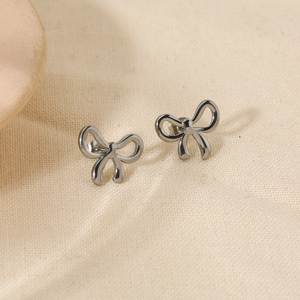 Minimal Bow Stud Earrings Stainless Steel Gold