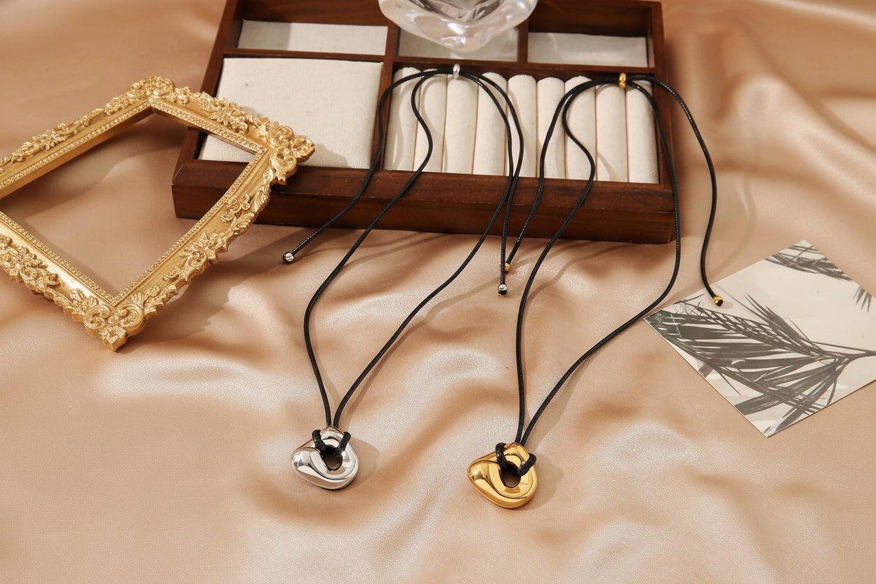 Heart Pendant Necklace Adjustable Cord Stainless Steel