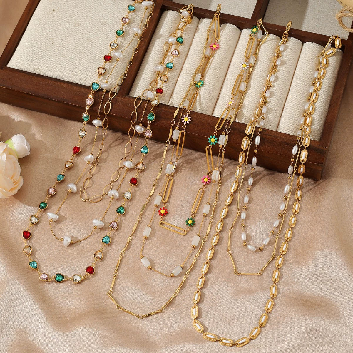 Y Chain Tassel Necklace Gold Stainless Steel 18K Layered Beaded Necklace