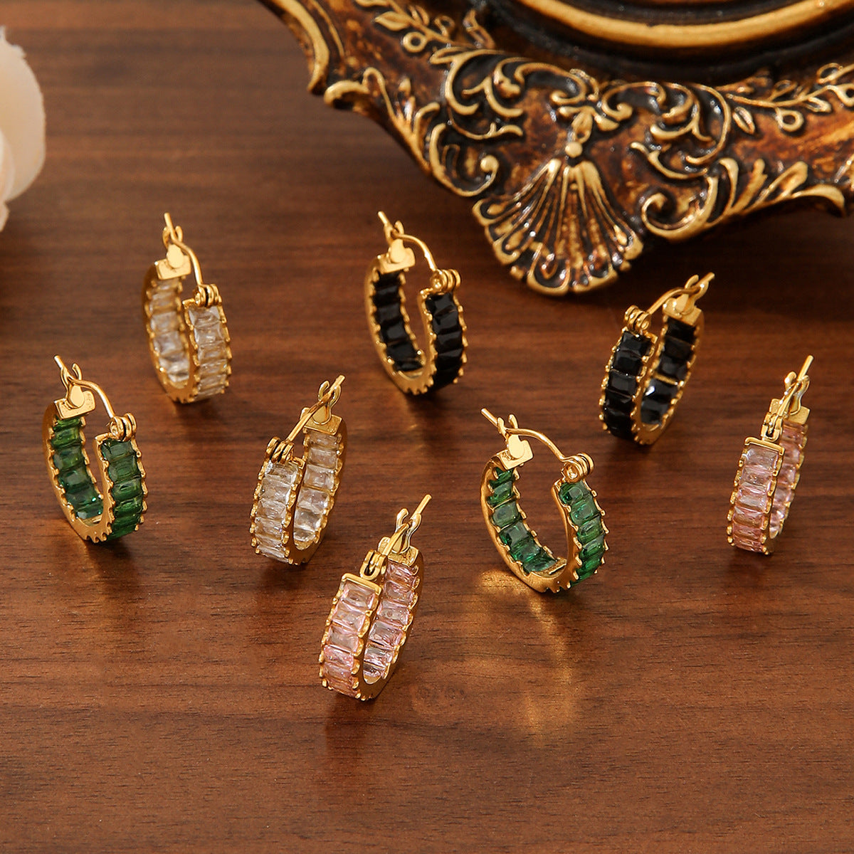 18K Gold Square Zircon U‑Shape Earrings