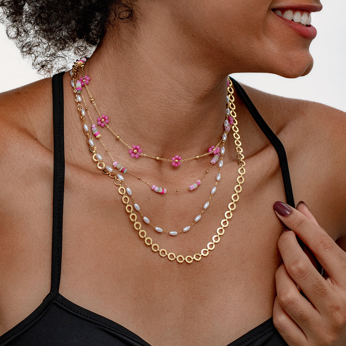 Multilayer Colorful Beaded Gold Stainless Steel Necklace