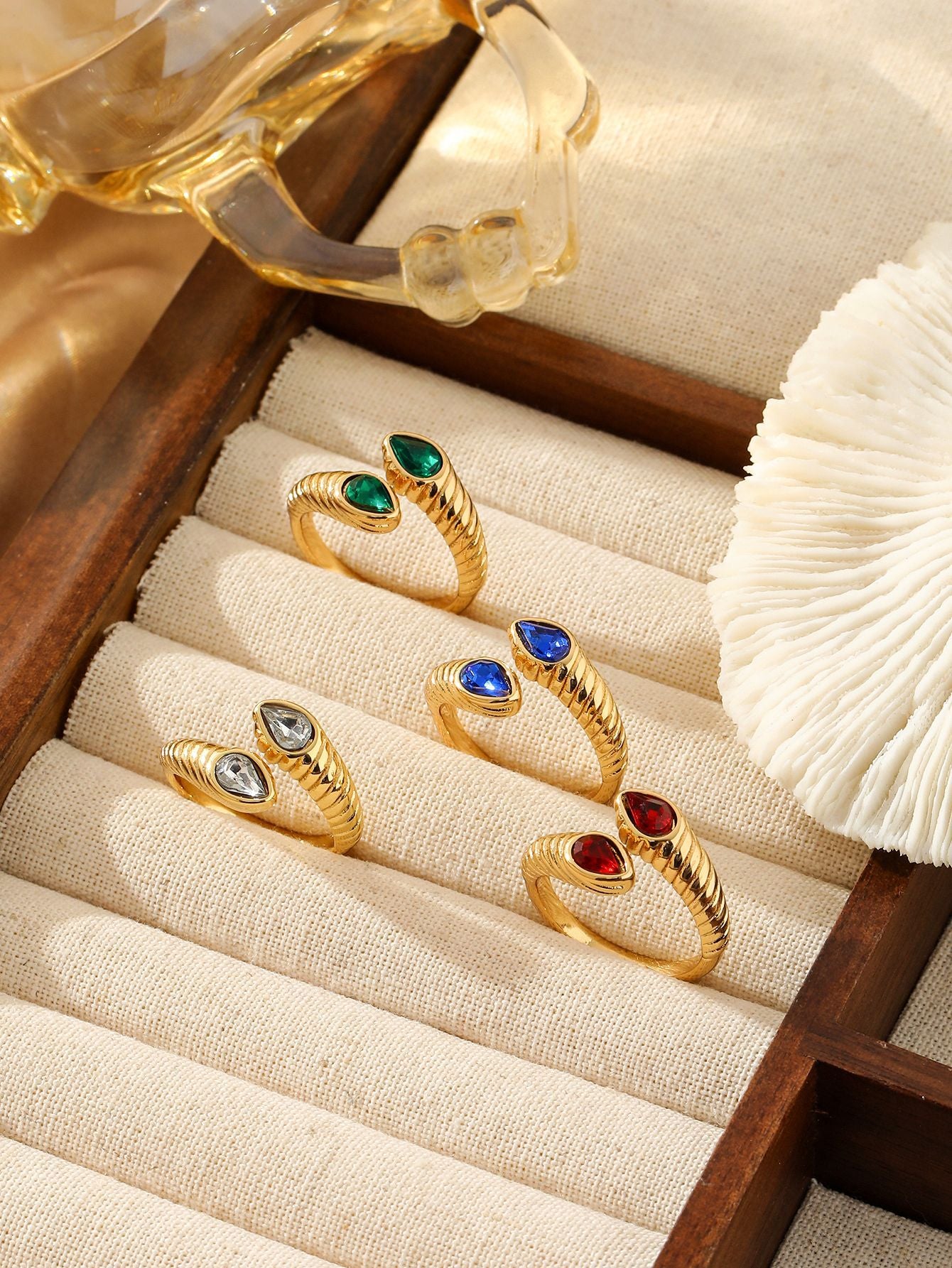 Zircon Open Ring Gold Stainless Steel Adjustable Band