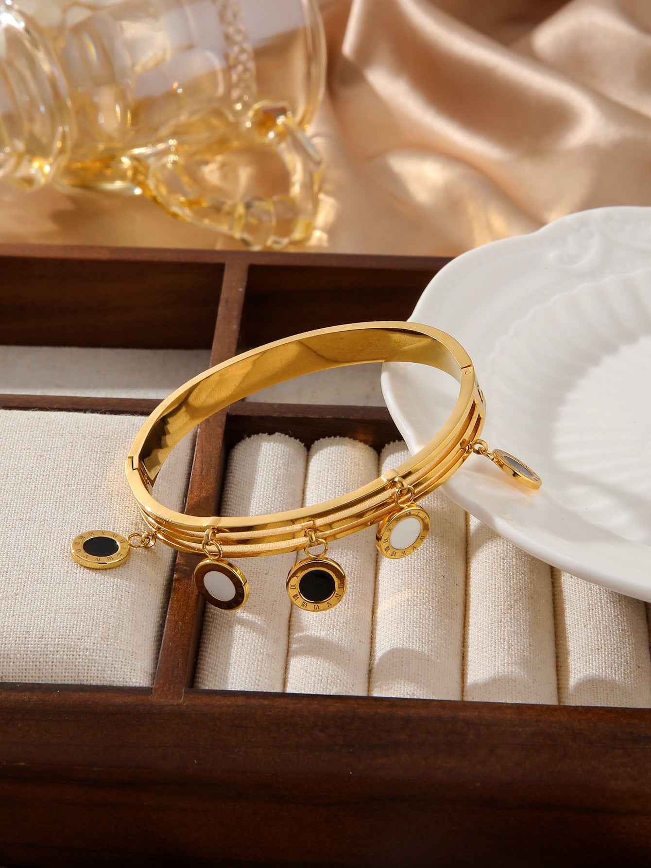 Roman Numeral Butterfly Layered Bangle Gold Stainless Steel