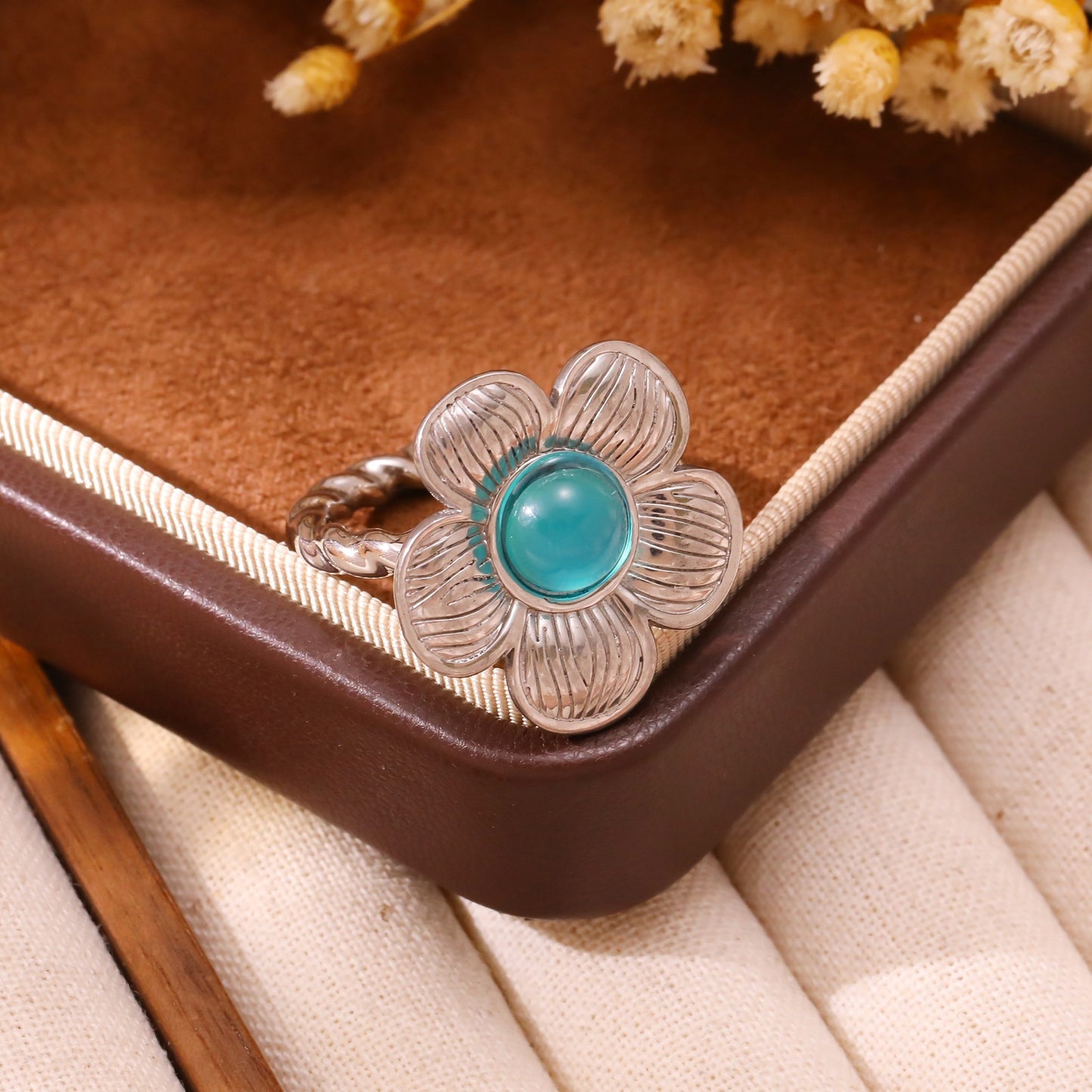 Floral Open Ring Gold Plated Stainless Steel