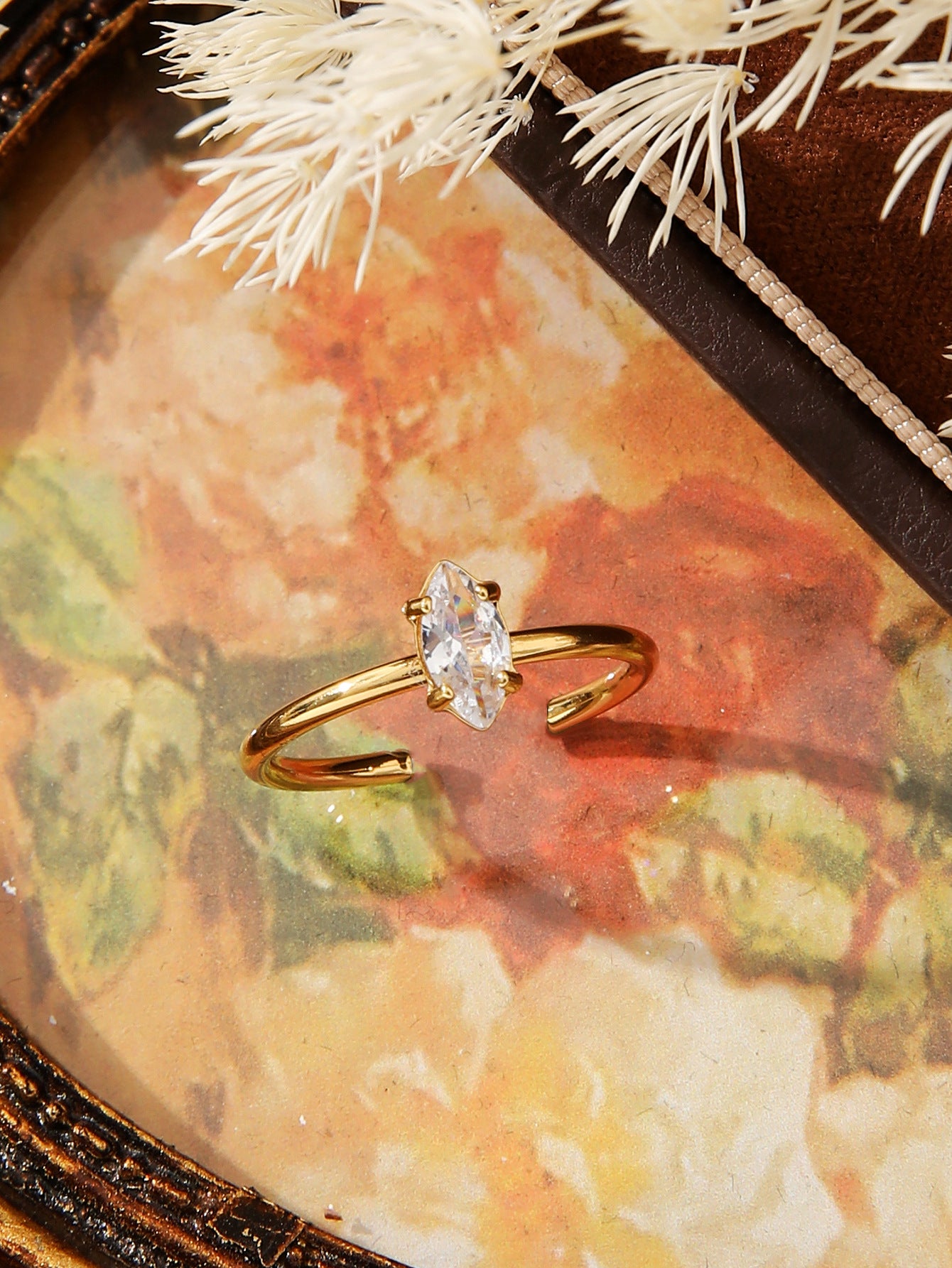 Adjustable Oval Zircon Open Ring Gold Stainless Steel
