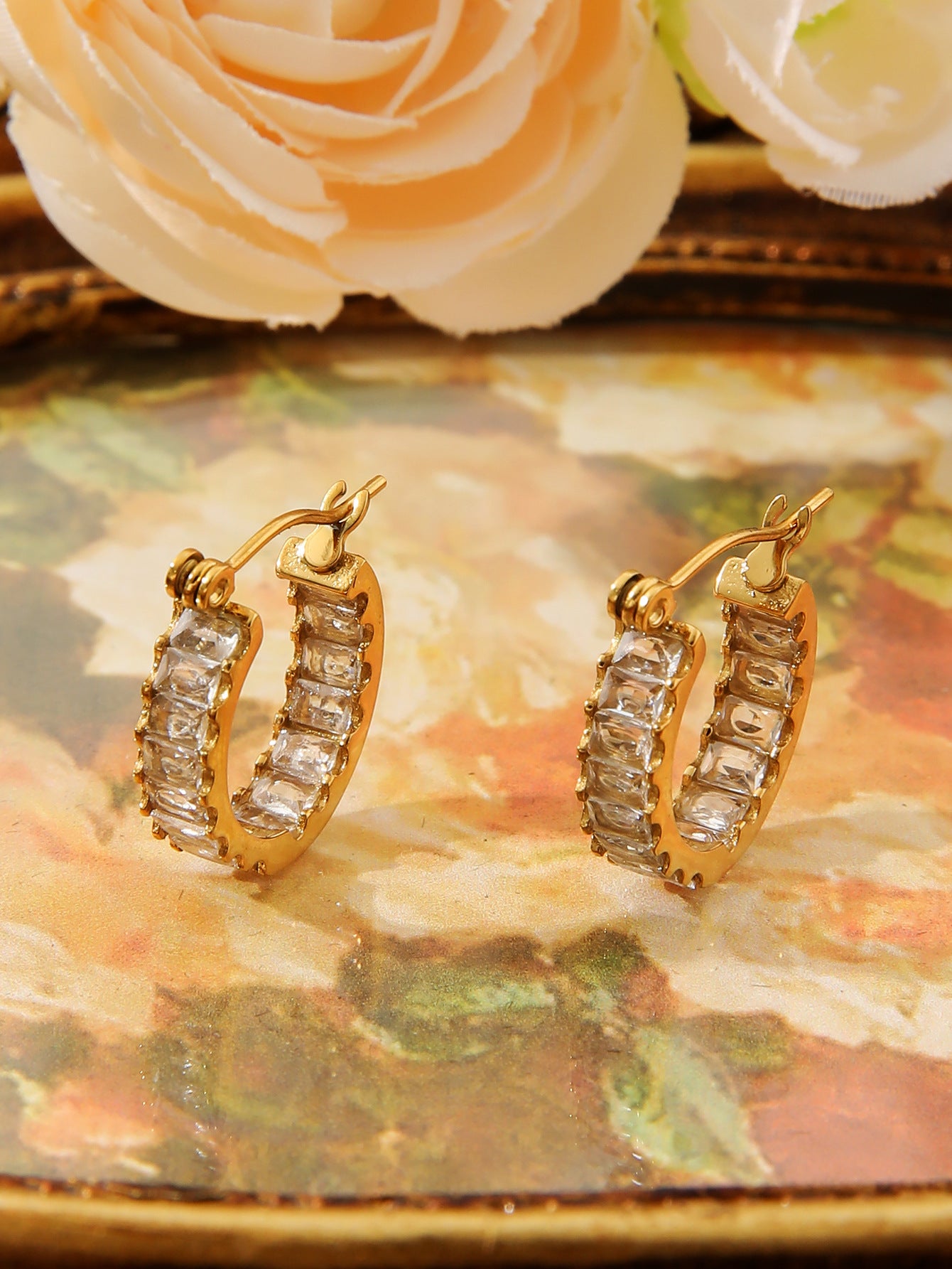 18K Gold Square Zircon U‑Shape Earrings