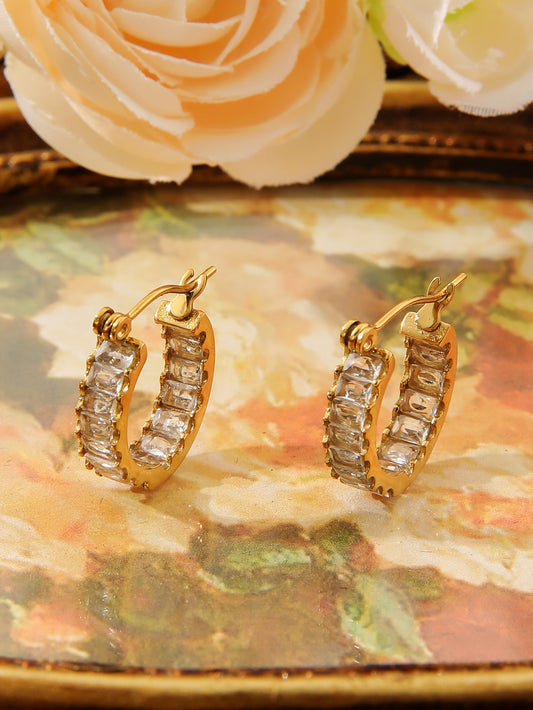 18K Gold Square Zircon U‑Shape Earrings