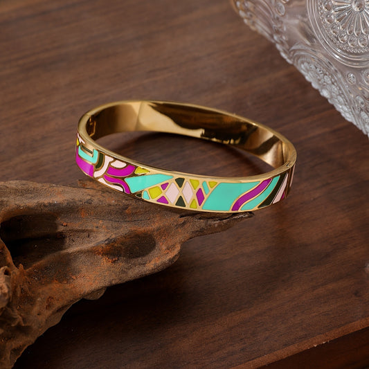 Vintage Enamel Bangle Gold Stainless Steel 18K Painted Bracelet