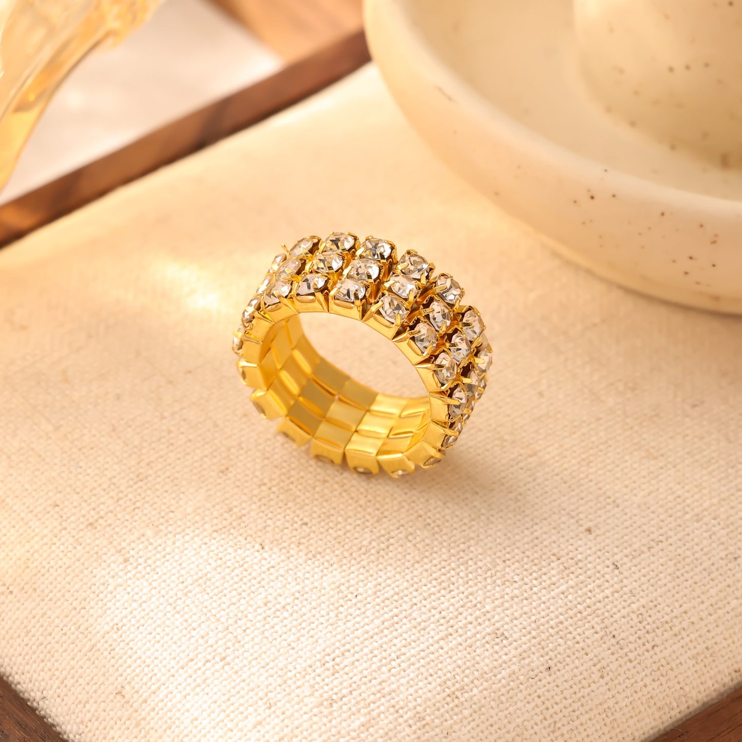 Multi Row Crystal Band Ring 18K Gold Plated Stainless Steel