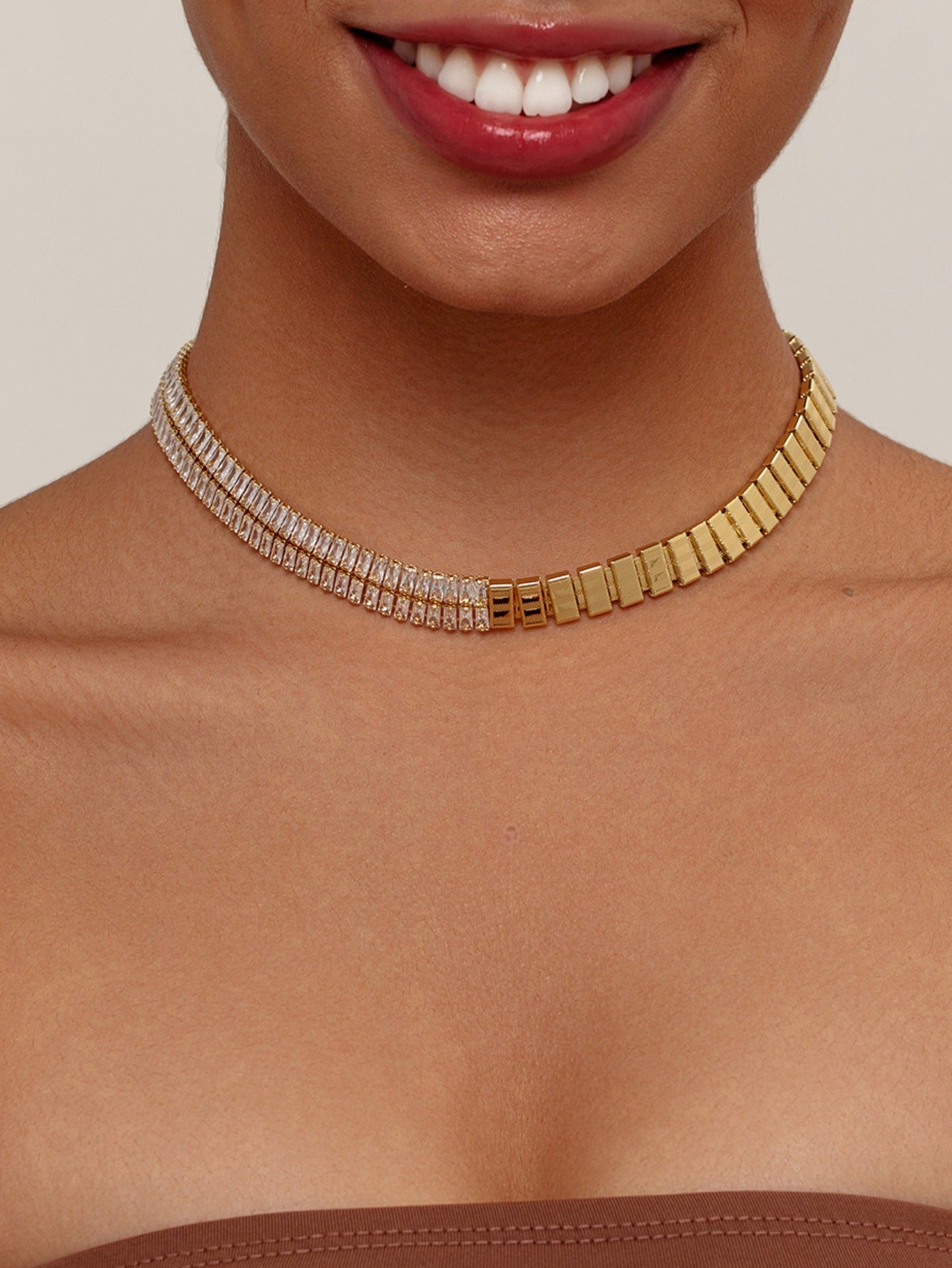 Half Tennis Chain Necklace 18K Gold Plated Stainless Steel
