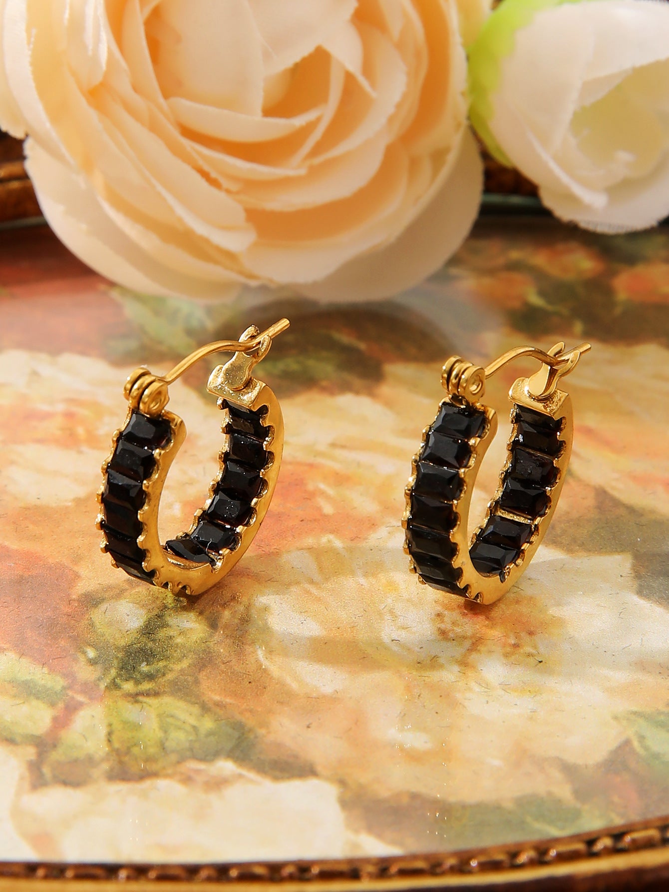 18K Gold Square Zircon U‑Shape Earrings