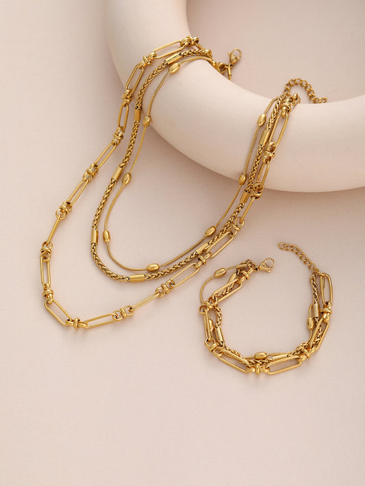 Gold Paperclip Chain Jewelry Set Necklace Bracelet Stainless Steel